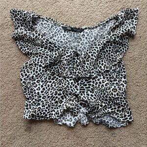 ZARA Ruffled Off Shoulder Animal Print Crop Blouse Top Size Small
